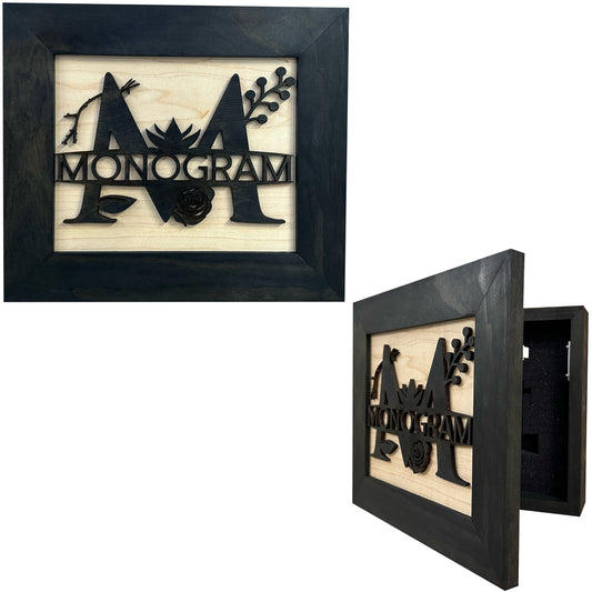 Black wooden display case with a light wood back panel featuring a black "M" monogram cutout and "MONOGRAM" text.