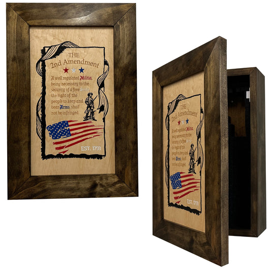 Dark wood wall-mounted concealment case with 2nd Amendment print and US flag.