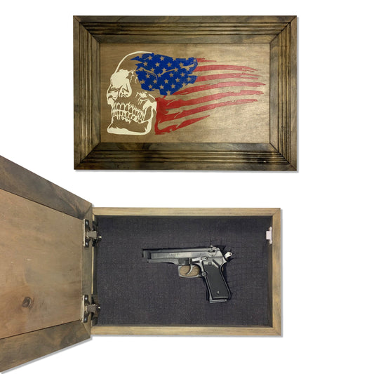 Wooden wall-mounted concealment gun case featuring a skull and American flag art panel, with a handgun inside.