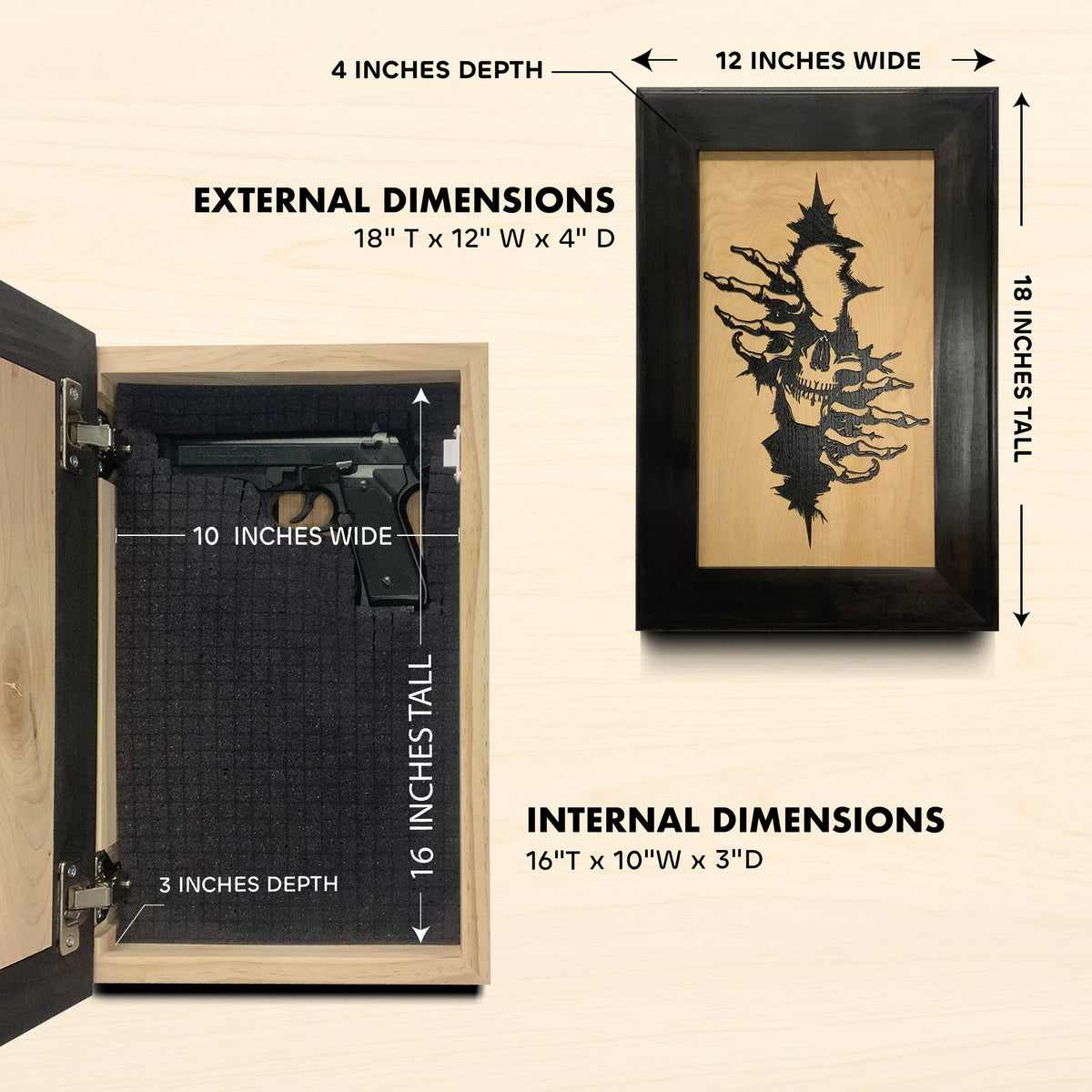 Black wooden wall safe with a skull carved on the door and dimensions labeled.