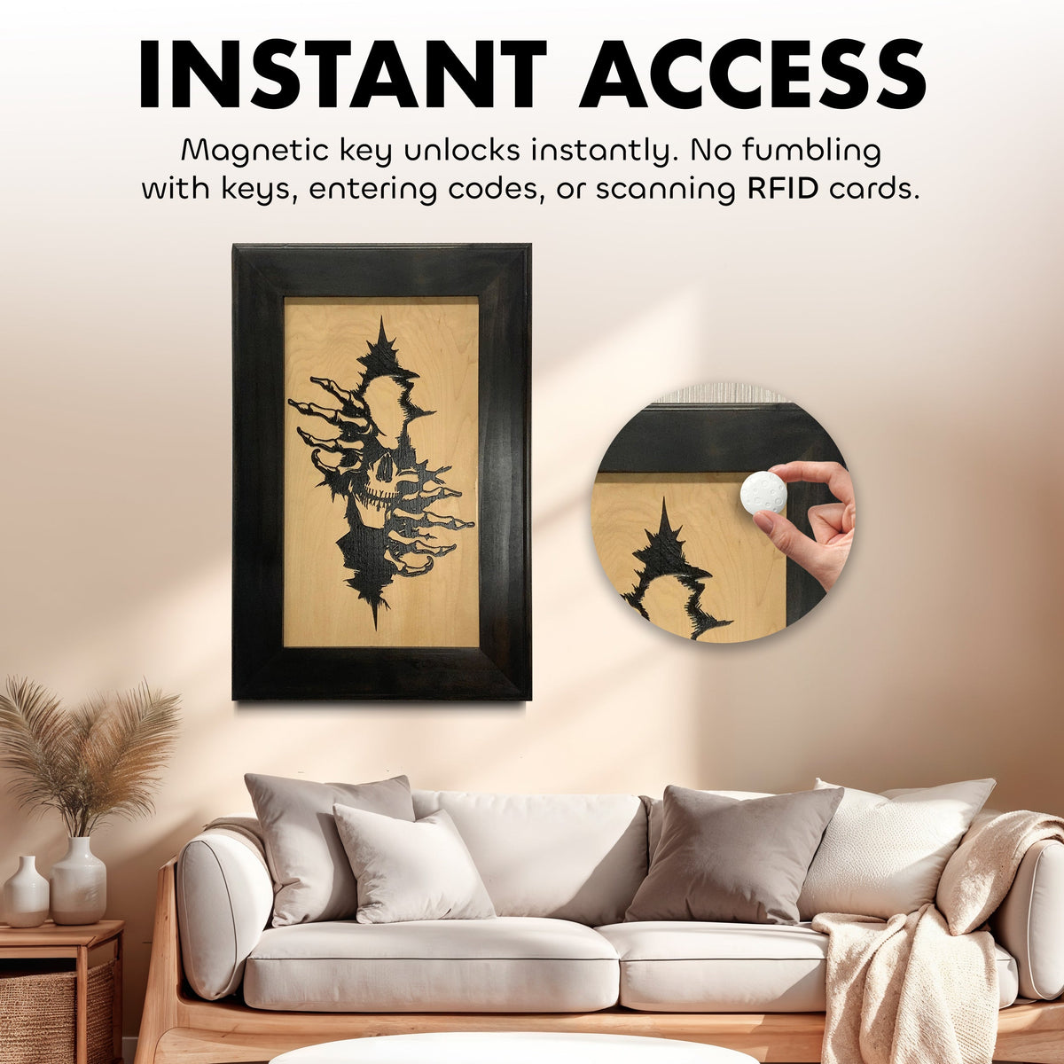 Framed wooden wall art with a black skull carving hanging over a sofa, showing a magnetic key unlocking it.