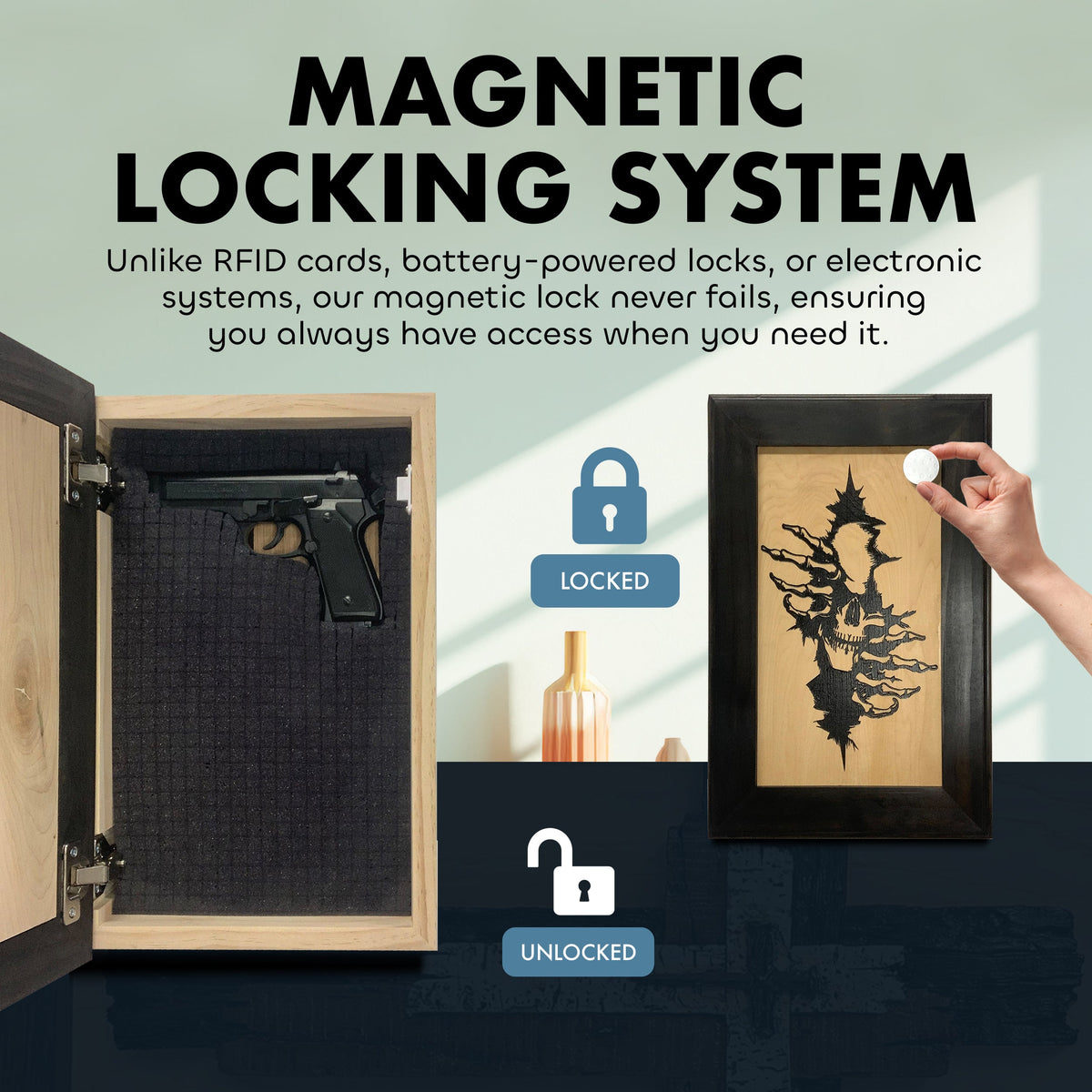 Wooden hidden gun storage box with foam interior, magnetic locking system, and a skull-art front panel.