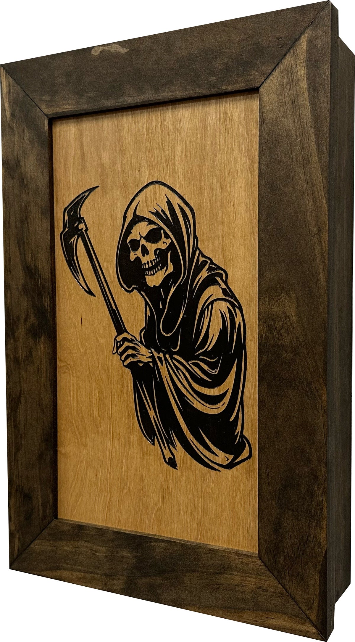 Dark-stained wooden test stone box with a black engraved Grim Reaper holding a scythe on the lid.