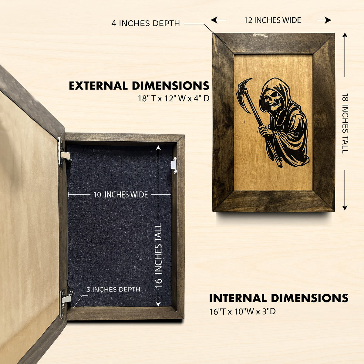 Dark wooden concealment wall safe with a grim reaper engraving, showing internal and external dimensions.
