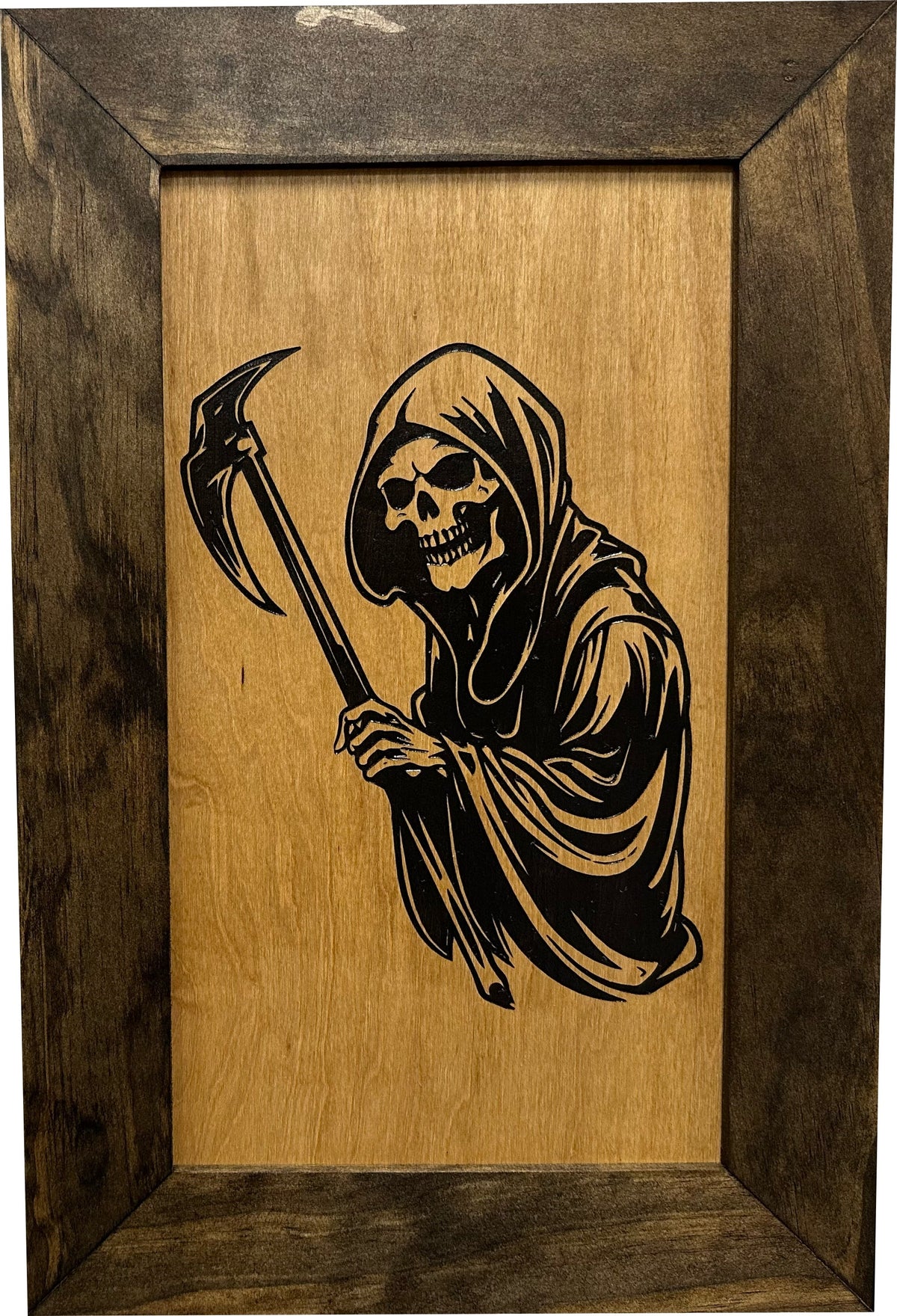 Framed rectangular wooden art piece with a black engraved Grim Reaper holding a scythe.