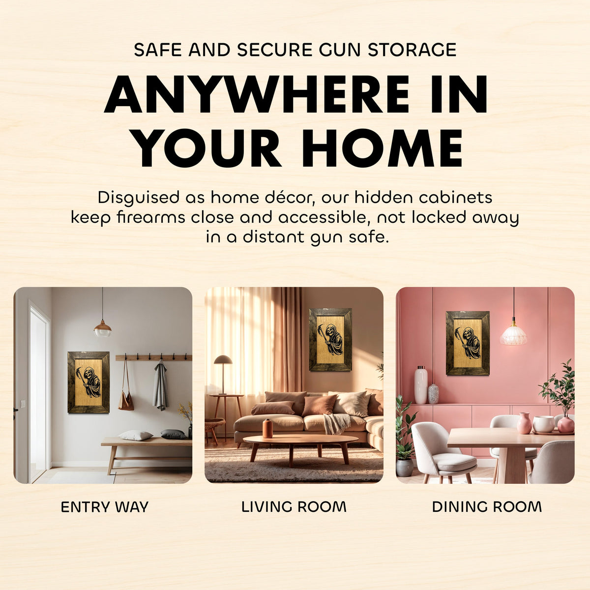Text ad for hidden gun storage cabinets disguised as grim reaper wall art in entryways, living rooms, and dining rooms.