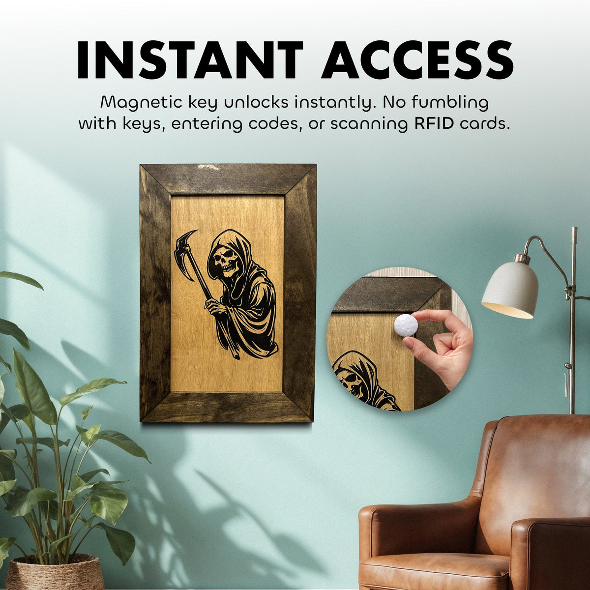 A dark wood-framed picture with a Grim Reaper image; an inset shows a white magnetic key unlocking it.