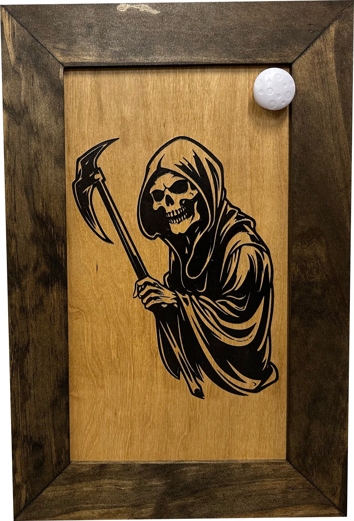 Wooden filing acid test stone holder with a black engraved grim reaper design and a white magnet.