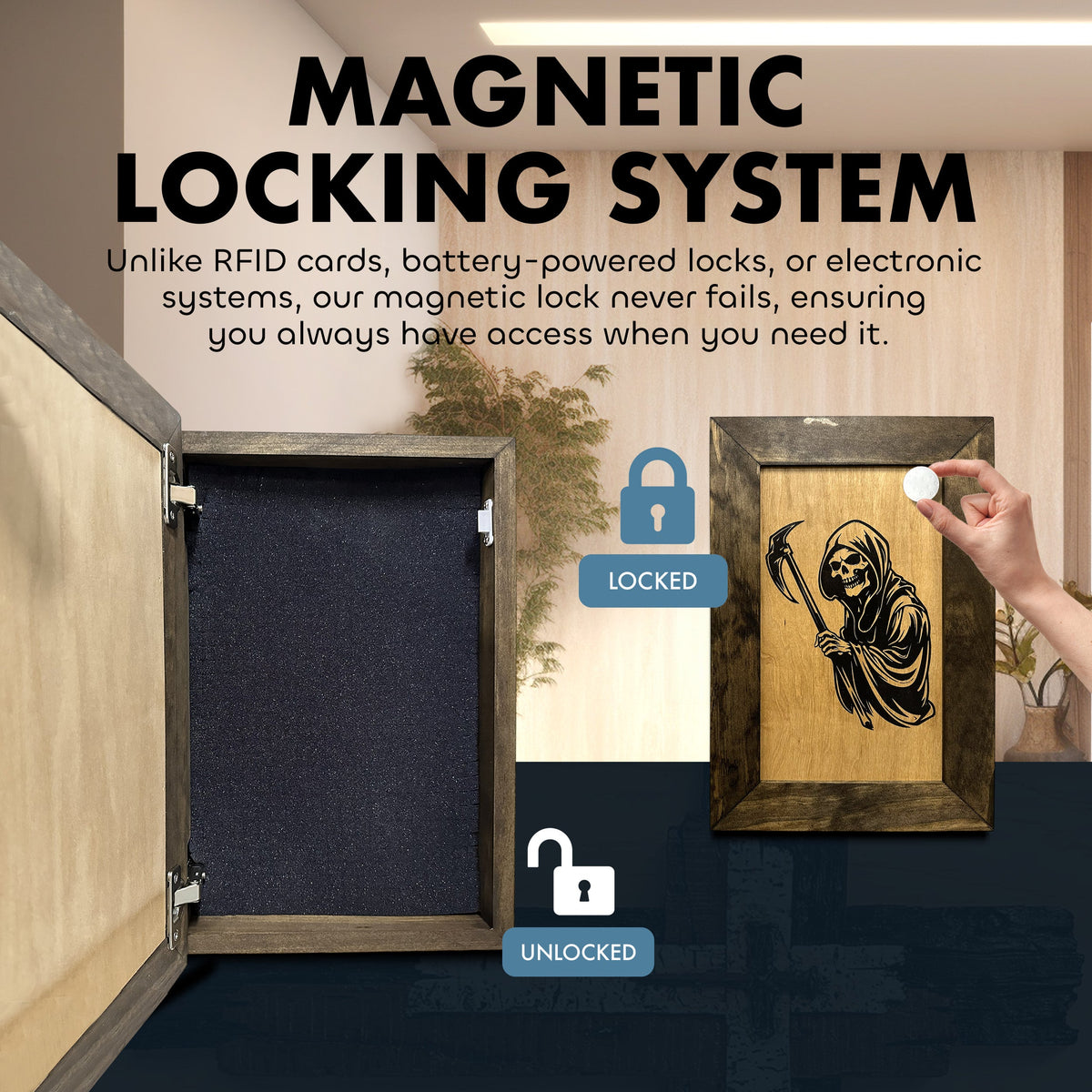 Wooden wall safe with grim reaper art, magnetic lock system, and black foam-lined interior.