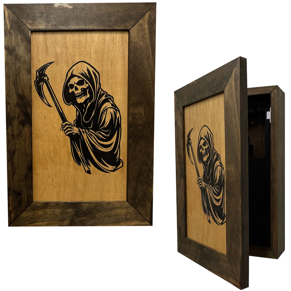 Dark brown wooden wall safe with a laser-engraved Grim Reaper artwork on the front panel.