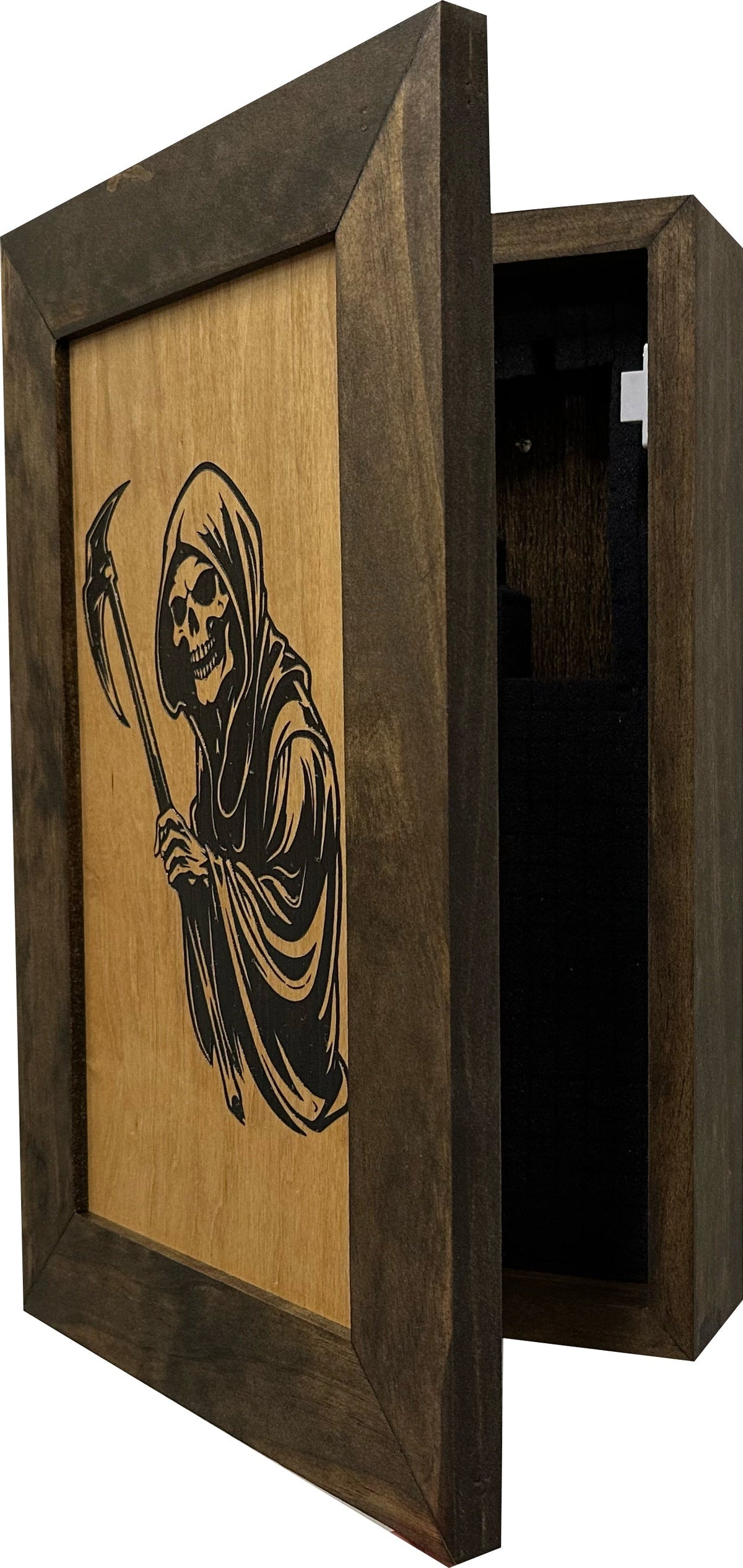 Dark brown wooden box with a laser-engraved Grim Reaper on the front, slightly ajar with a black interior.