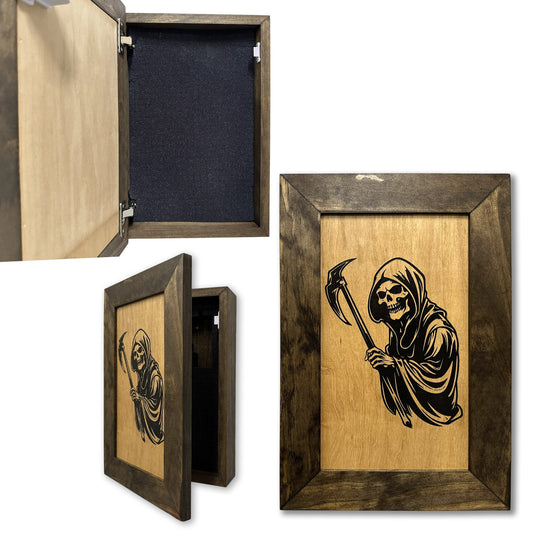 Rectangular wooden box with a dark-stained frame and an engraved Grim Reaper design holding a scythe.