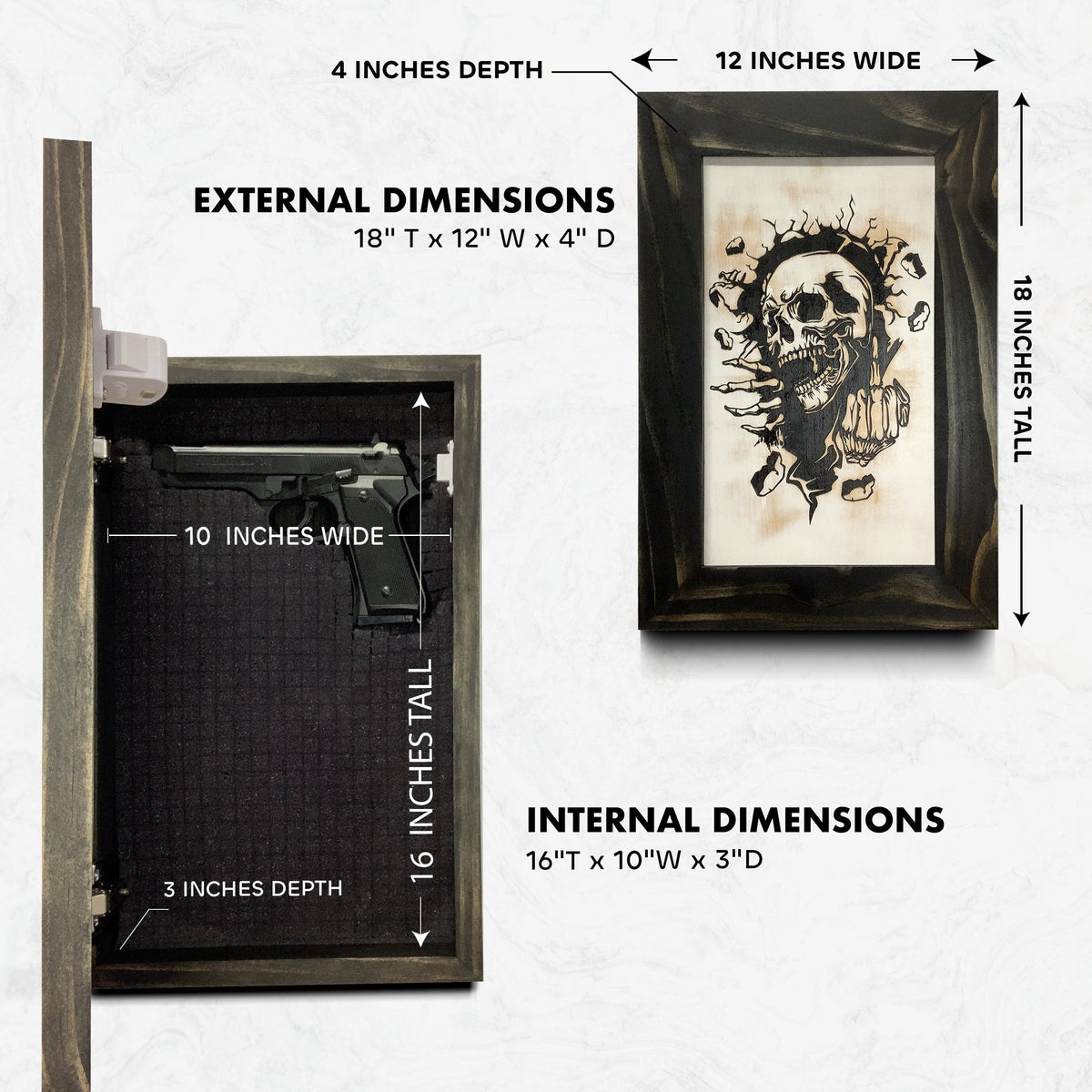 Black wooden wall-mounted concealment gun safe with skull picture frame front and dimension labels.