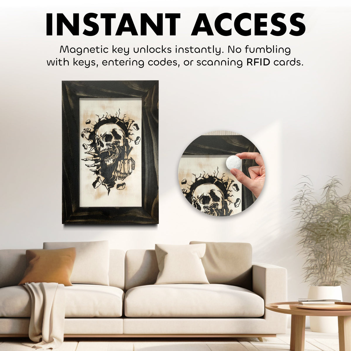 Dark wood-framed skull art hangs over a white sofa, with a circular insert showing a white magnetic key in use.