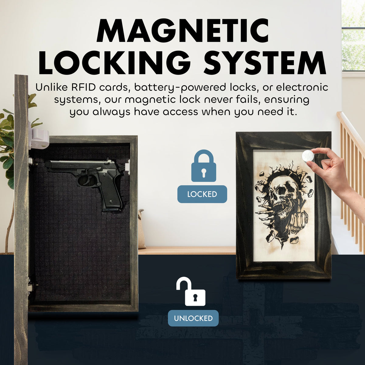 A black wooden picture frame with a skull art piece concealing a gun holster, unlocked by a magnet.