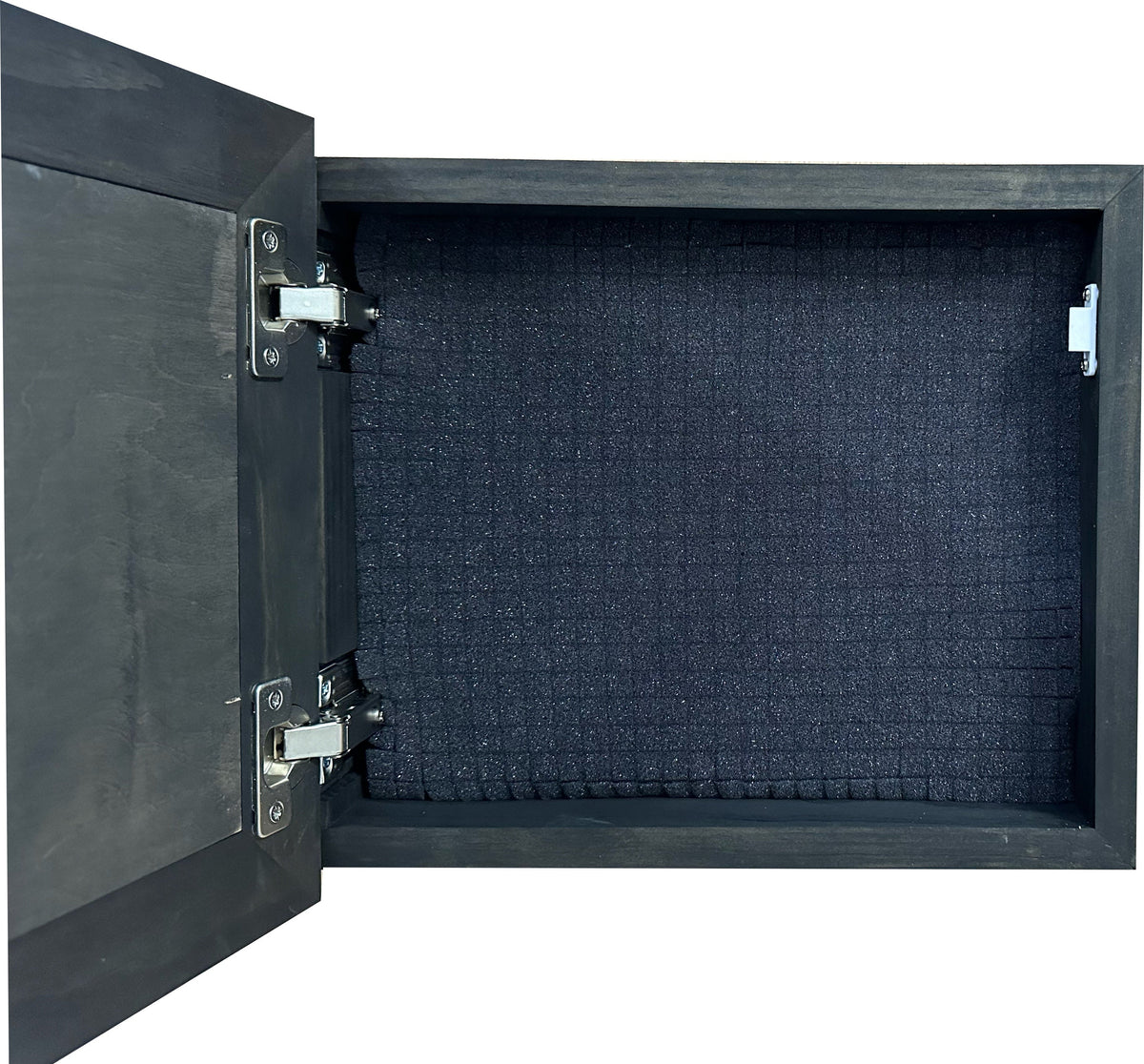 Black wooden storage box with an open hinged door, revealing a padded interior lined with dark grid foam.