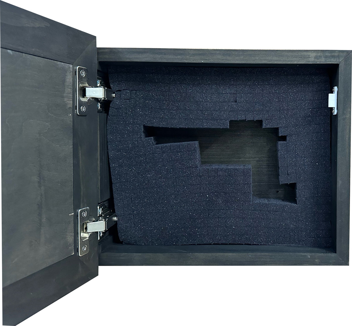 Open dark wooden storage box with layered black foam cutout, designed to securely hold a precious metals tester.