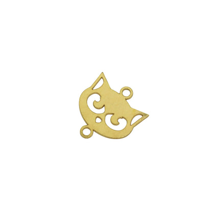 Front view of a gold-filled cat face permanent jewelry connector with curled eyes and connector loops on white