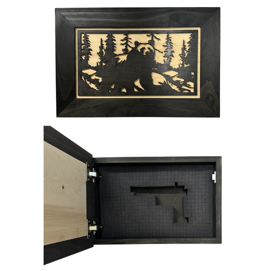 Black wooden wall safe with a laser-cut bear and forest lid, opening to reveal gray pluck foam interior.