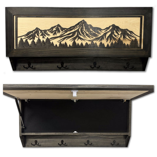 Wooden wall-mounted key holder with a carved mountain art panel, black frame, and four hooks. Bottom view shows open storage.