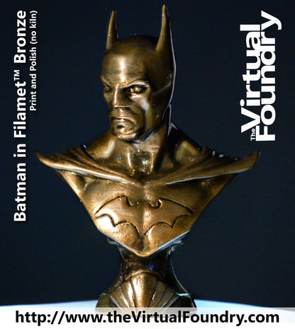 Front view of a Batman bust made with Bronze Filamet, showcasing its polished metallic finish against a dark background