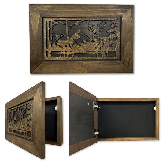 Brown wooden storage box with carved deer forest scene lid, opening to reveal a foam-lined interior.