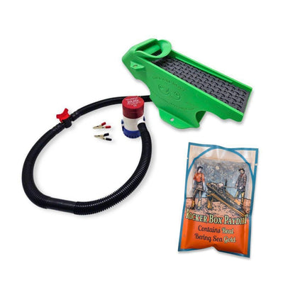 Front view of Clean-Up Buddy 12Volt 500gph Kit with green recovery sluice, pump hose, and Bering Sea paydirt on white