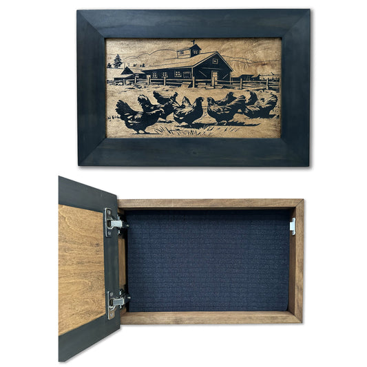 Wooden box with hinged lid featuring a carved farm and chicken scene, and dark foam interior.