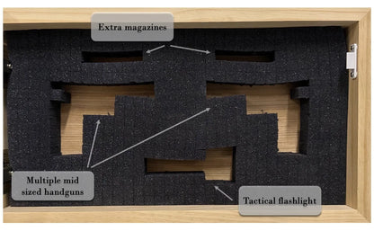 Annotated cabinet interior showing storage for extra magazines, multiple mid sized handguns, and a tactical flashlight