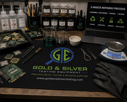 Black rubber test mat with "Gold & Silver Testing Equipment" logo, surrounded by refining tools and e-waste.