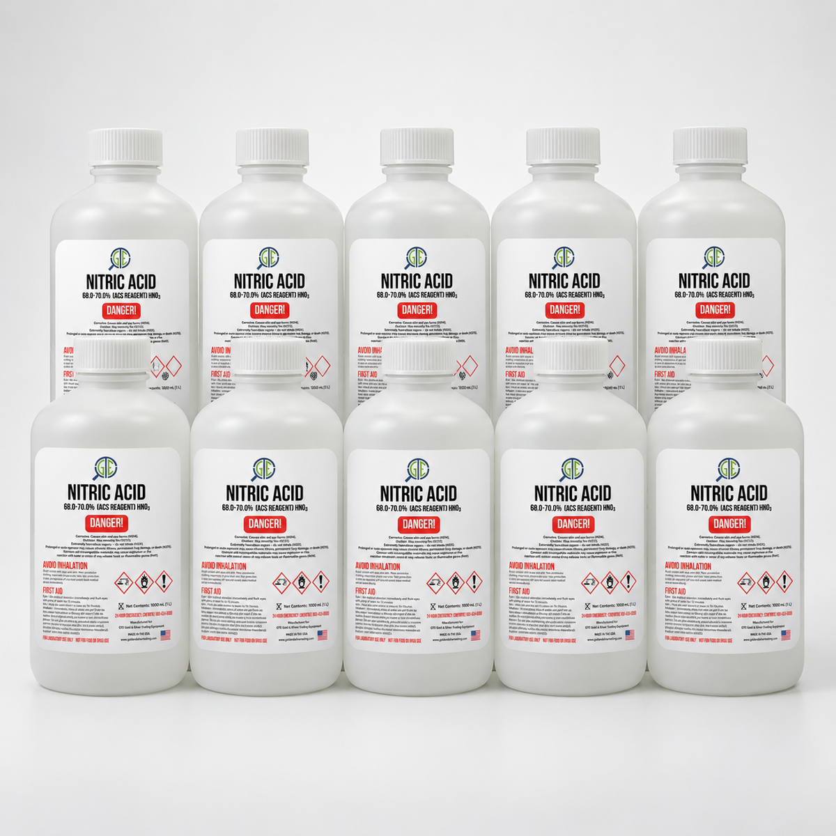 Nitric Acid 70% – 10 Pack (32 oz Bottles) 10 LITERS ACS Reagent Grade for Gold Refining & Precious Metal Recovery (Copy)