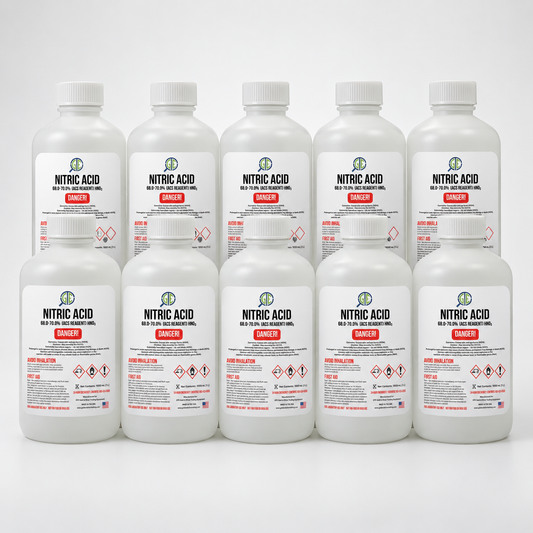 Front view of nitric acid bottles showcasing 68.0 to 70.0 percent ACS reagent grade labels on a white background