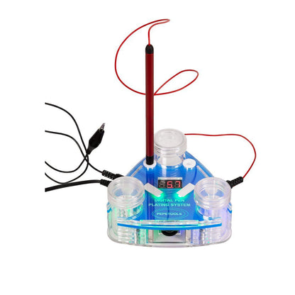 Front view of digital pen plating station showcasing blue base, red pen electrode, three clear cups, and digital display