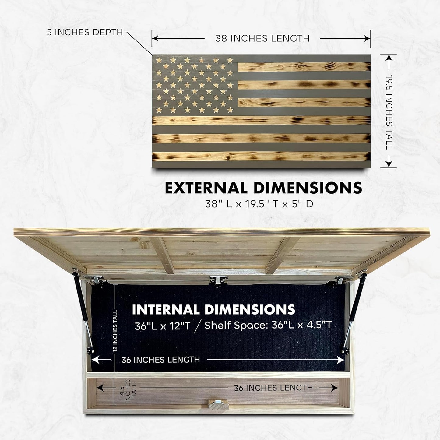 Large American Flag Gun Safe - Quick Access Hidden Gun Safe for Rifles, Shotguns, & Handguns - Gun Concealment Furniture with Magnetic Lock - Gun Self Hidden Storage (Gray) Bellewood Designs
