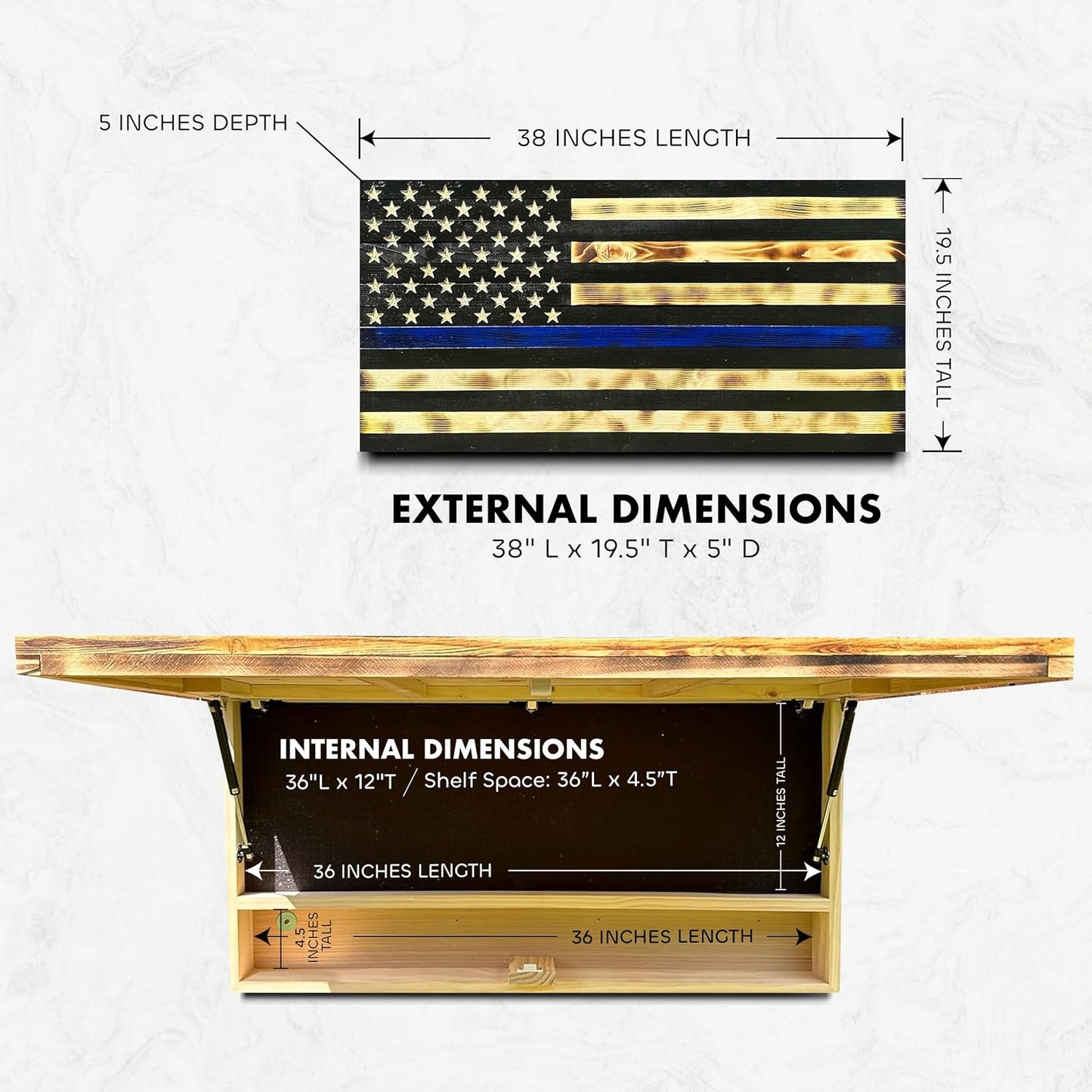 Large Thin Blue Line American Flag Gun Safe - Quick Access Hidden Gun Safe for Rifles, Shotguns, & Handguns - Gun Concealment Furniture with Magnetic Lock - Gun Self Hidden Storage (Blue Line) Bellewood Designs