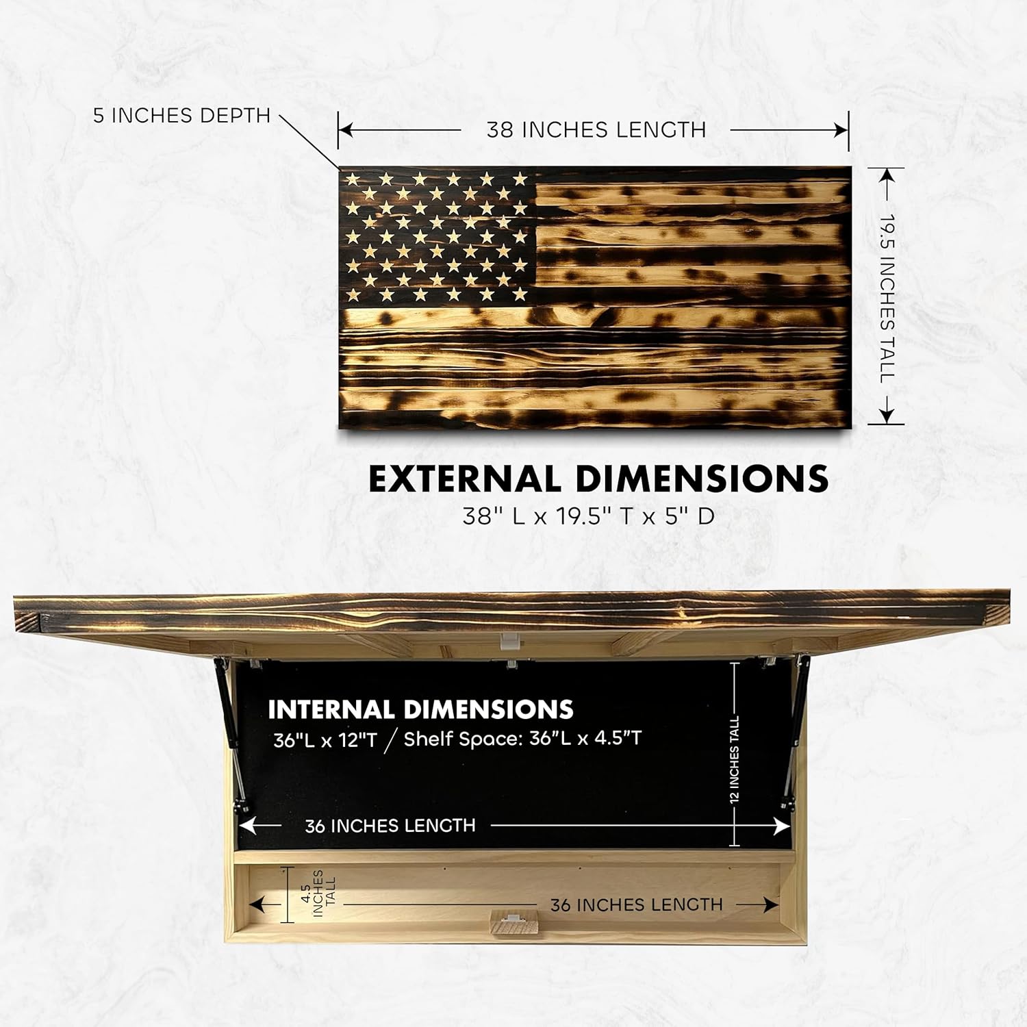 Large American Flag Gun Safe - Quick Access Hidden Gun Safe for Rifles, Shotguns, & Handguns - Gun Concealment Furniture with Magnetic Lock - Gun Self Hidden Storage (Burnt) Bellewood Designs