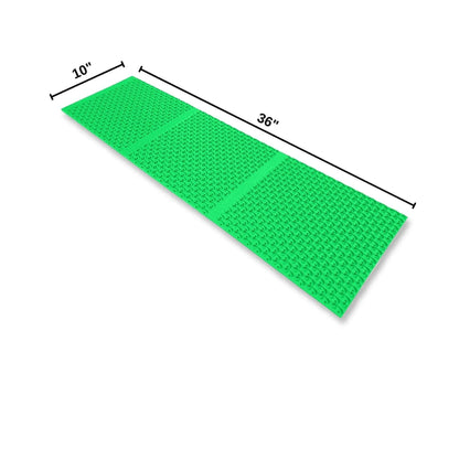 Angled view of 10X36 Sluice Mat with raised green riffles, 10 by 36 inch markings, and white background