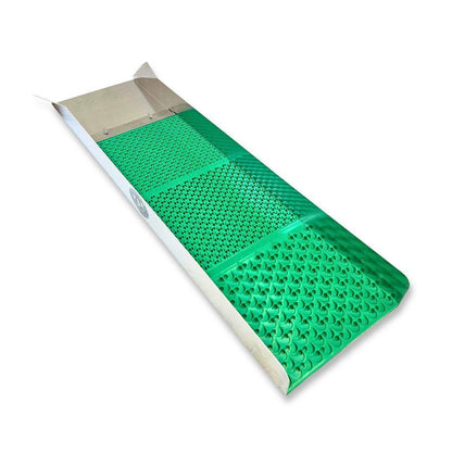 Silver aluminum gold sluice box with a textured green rubber mat insert.