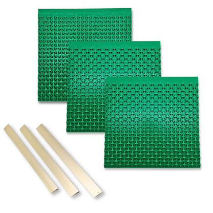 Three green rubber gold panning mats with square shapes and patterned ribs, plus three wooden slats.