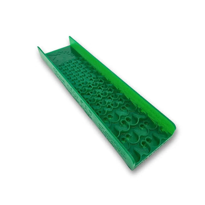 Angled view of 4X16 Combo Adventure No Flare Sluice Box second generation showcasing green riffles on a white background