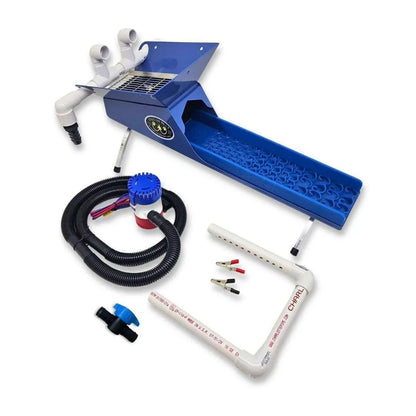 Angled view of 4X16 Micro Banker Kit with Pump and Dream Mat showcasing blue sluice mat and included pump on a white background