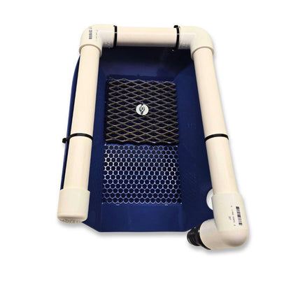 Top view of 6 inch Highbanker Hopper for Sluice Box showcasing two screening grates with white background