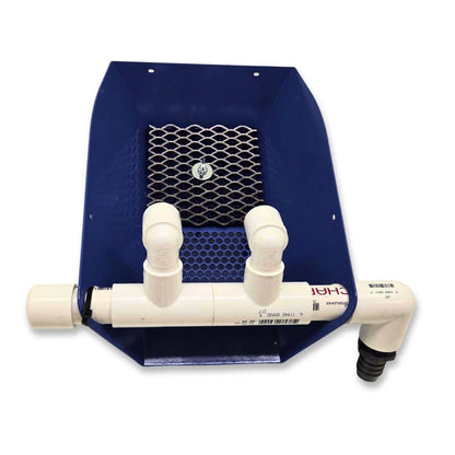 Top view of 6 inch highbanker hopper for sluice box showcasing white PVC spray bar and riffle mat with white background