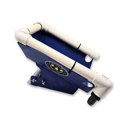 Angled view of 6-inch highbanker hopper for sluice box showcasing blue body and white PVC plumbing on white background