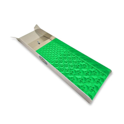 Angled view of 6X24 Trek Sluice Box with Dream Mat showcasing its green textured mat and metal sides on a white background