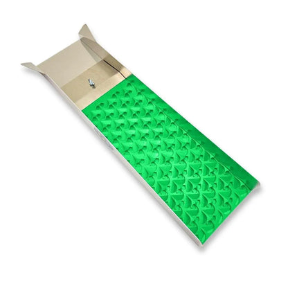 Angled view of 6X24 Trek sluice box showcasing green Dream Mat and metal sidewalls on white background