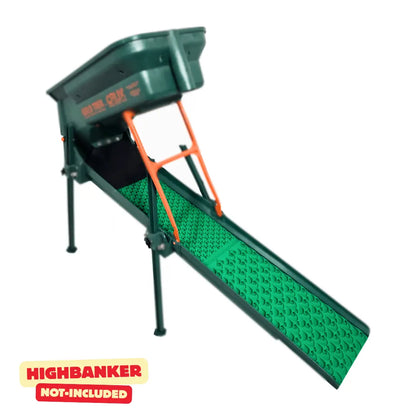 Angled view of 6x32 green Dream Mat installed in a highbanker, showing textured recovery surface, highbanker not included