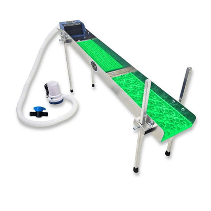 Angled view of 6X42 Power Sluice Box Micro/Mini Kit with Dream Mat showcasing green mat, legs, pump, and tubing on a white background