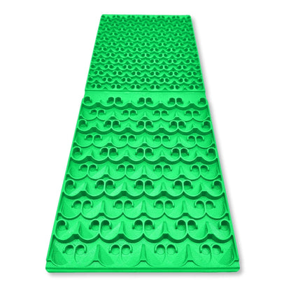 Front view of green 8X24 Combo Sluice Mat showcasing textured riffles with a white background