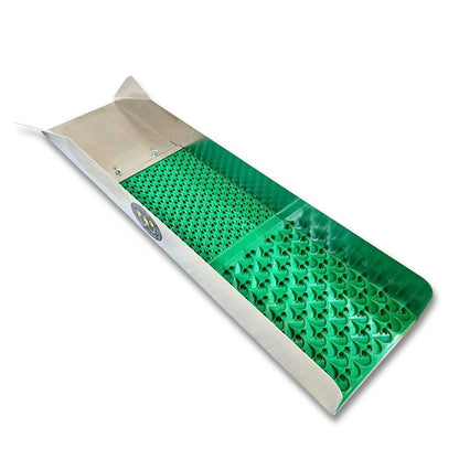 Angled view of 8X35 sluice box with Dream Mat showcasing green textured recovery mat against a white background